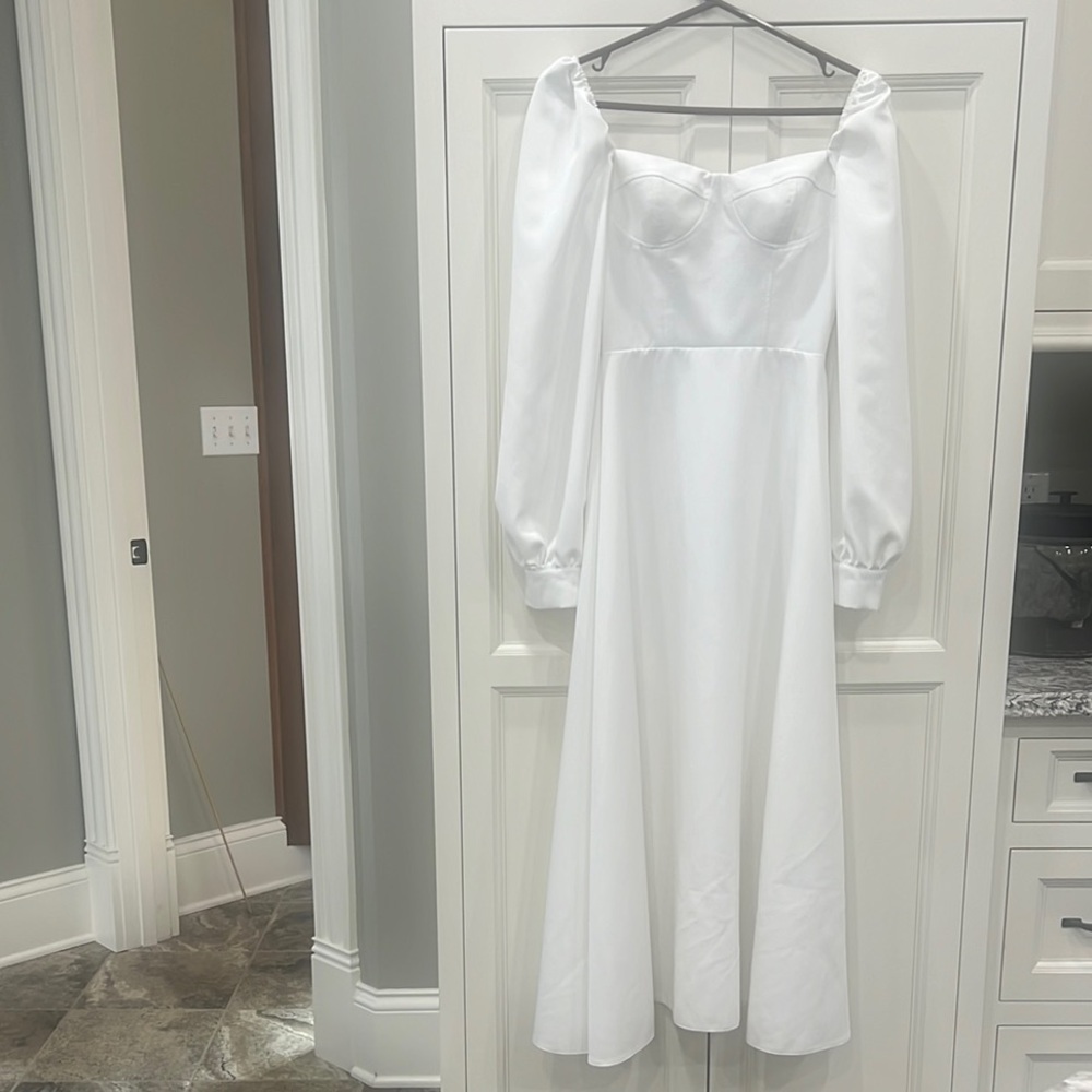 Midi Elegant White Long Sleeve Dress Puff Sleeves Sz Small bridal coquette girl